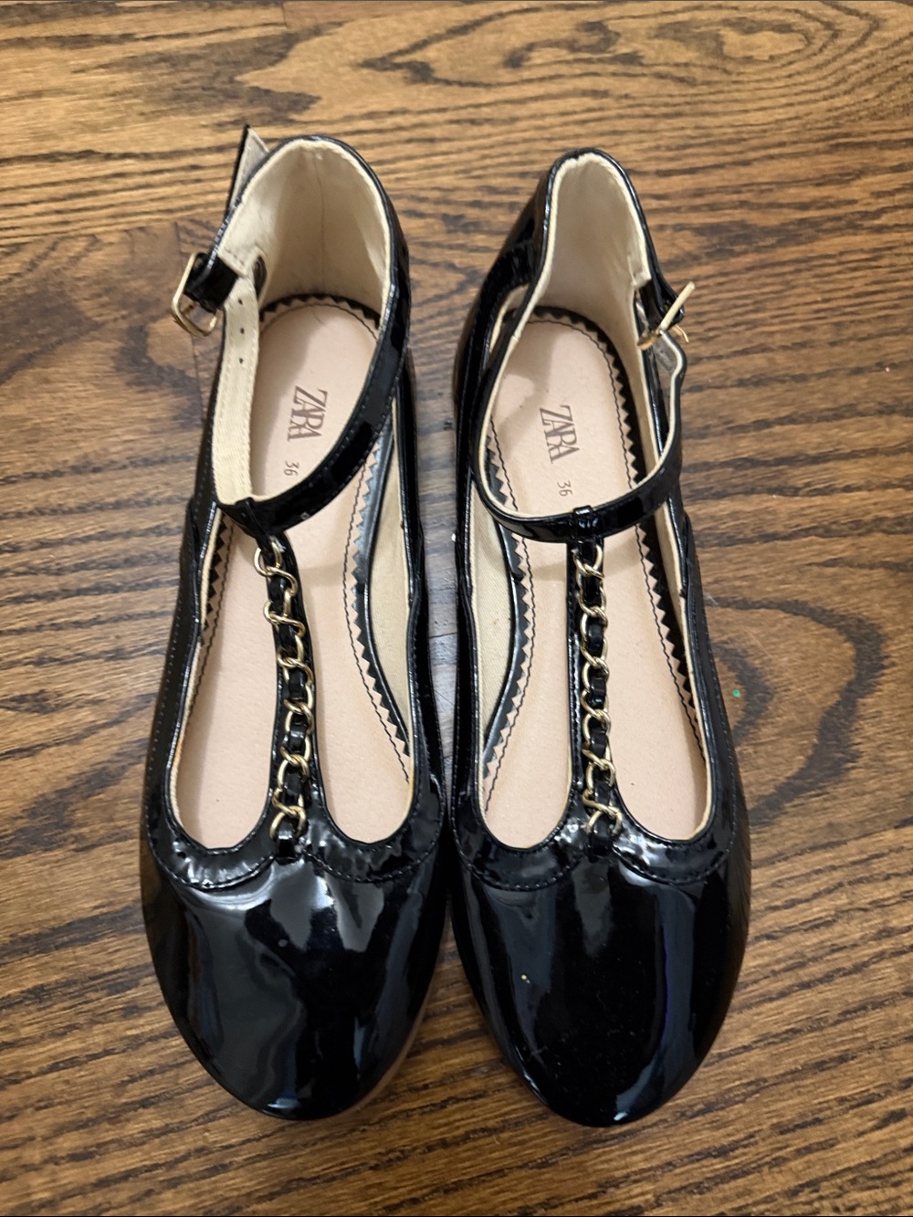 Zara Black Patent T-Strap Flats with Gold Chain